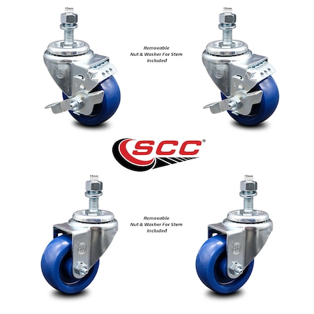 Service Caster 3.5 Inch Solid Polyurethane Swivel 12mm Threaded Stem Caster Brake SCC, 2PK SCC-TS20S3514-SPUS-M1215-2-TLB-2